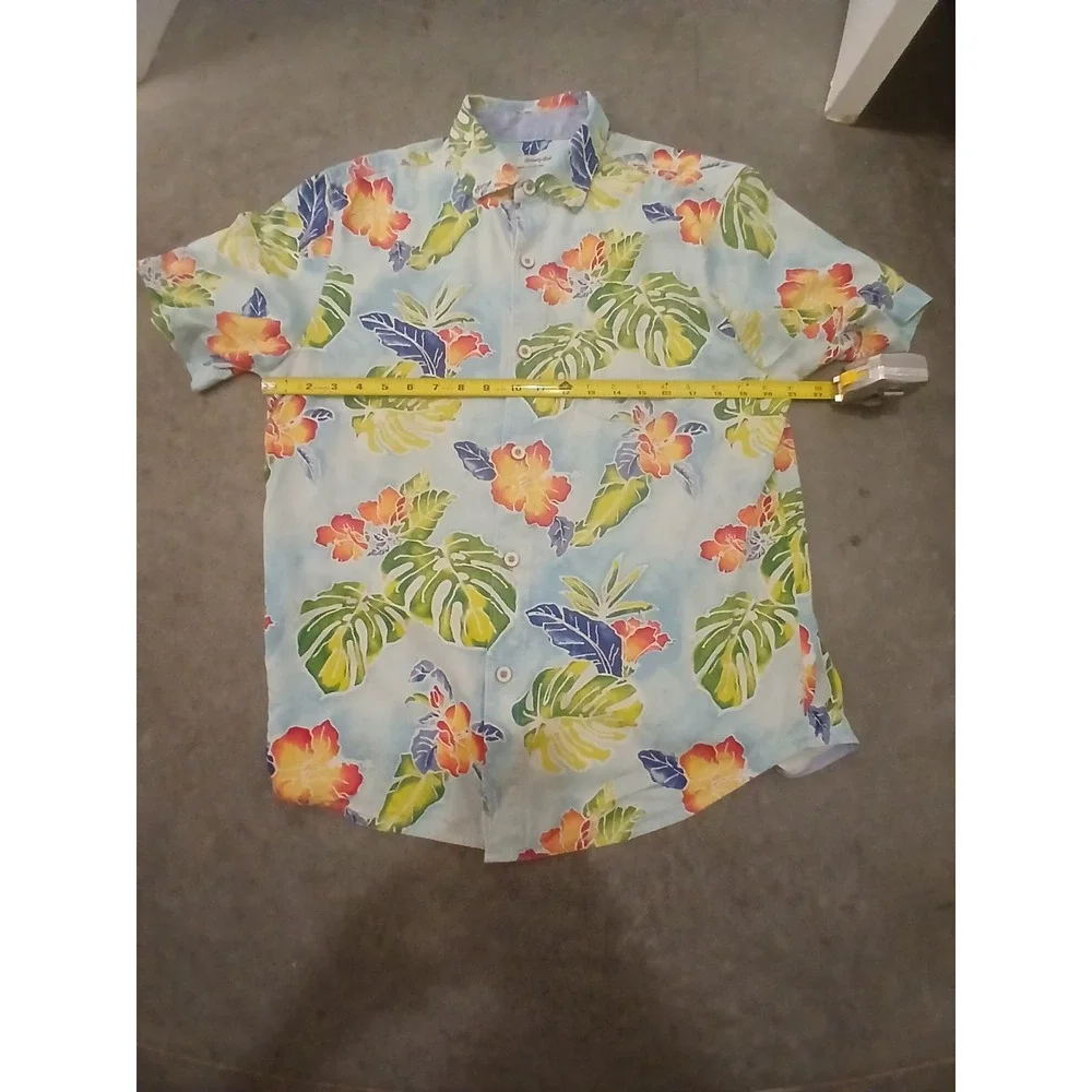Tommy Bahama Silk Shirt Mens M Hawaiian Botanical Floral Fern Blue Button Up - Picture 7 of 8